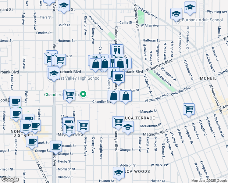 map of restaurants, bars, coffee shops, grocery stores, and more near 5439 Cahuenga Boulevard in Los Angeles