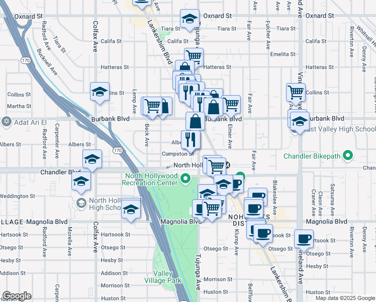 map of restaurants, bars, coffee shops, grocery stores, and more near 11425 Cumpston Street in Los Angeles