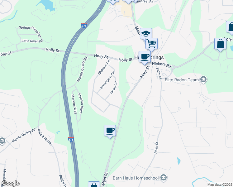 map of restaurants, bars, coffee shops, grocery stores, and more near 104 Jacee Circle in Canton