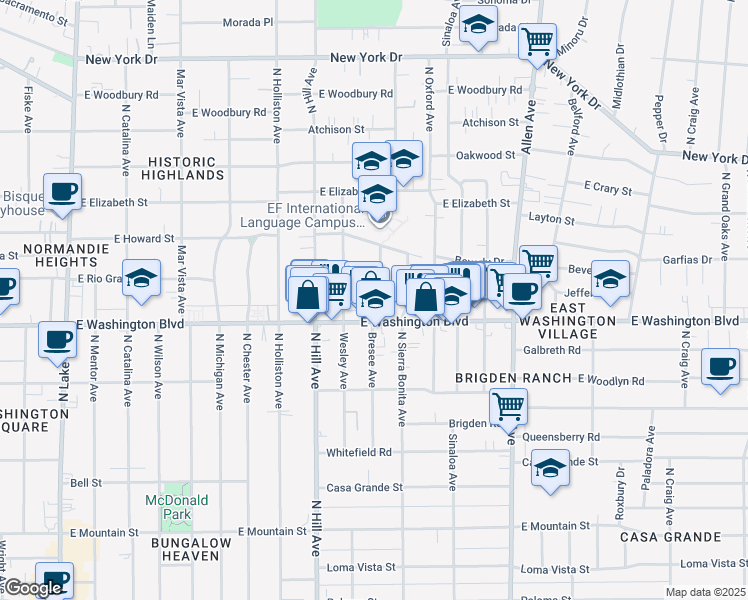 map of restaurants, bars, coffee shops, grocery stores, and more near 1381 Bresee Avenue in Pasadena