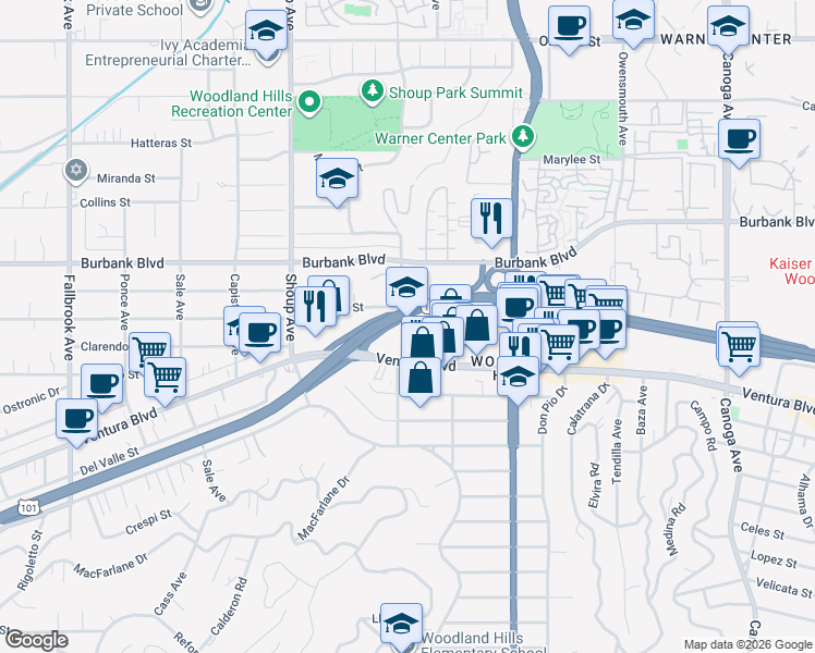 map of restaurants, bars, coffee shops, grocery stores, and more near in Los Angeles