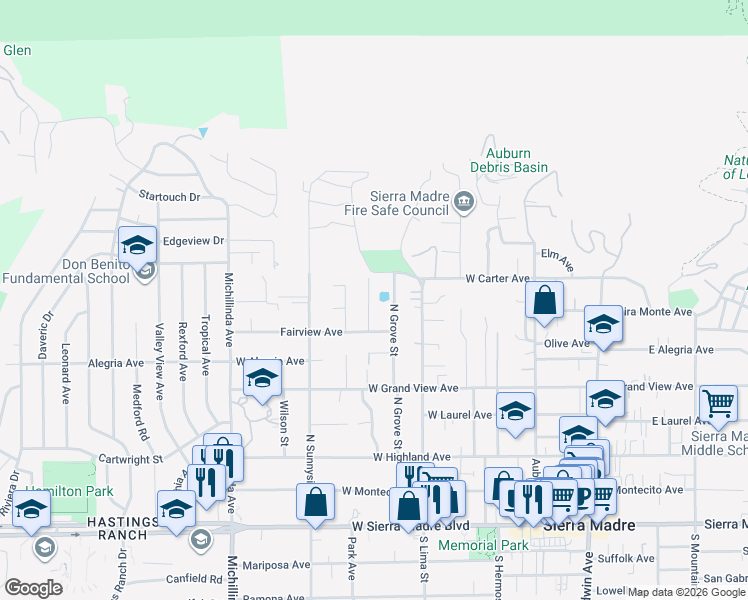 map of restaurants, bars, coffee shops, grocery stores, and more near 452 Crestvale Drive in Sierra Madre