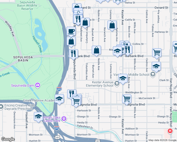 map of restaurants, bars, coffee shops, grocery stores, and more near 5446 Columbus Avenue in Los Angeles