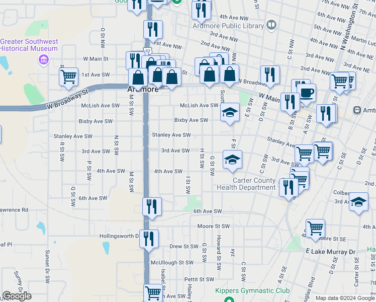 map of restaurants, bars, coffee shops, grocery stores, and more near 900 3rd Avenue Southwest in Ardmore