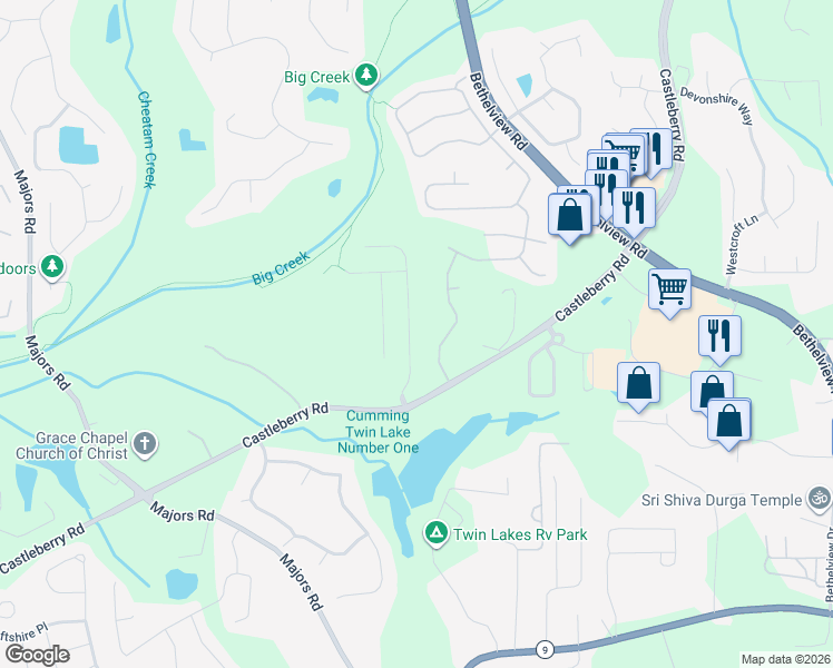 map of restaurants, bars, coffee shops, grocery stores, and more near 5980 Bluff Heights Drive in Cumming