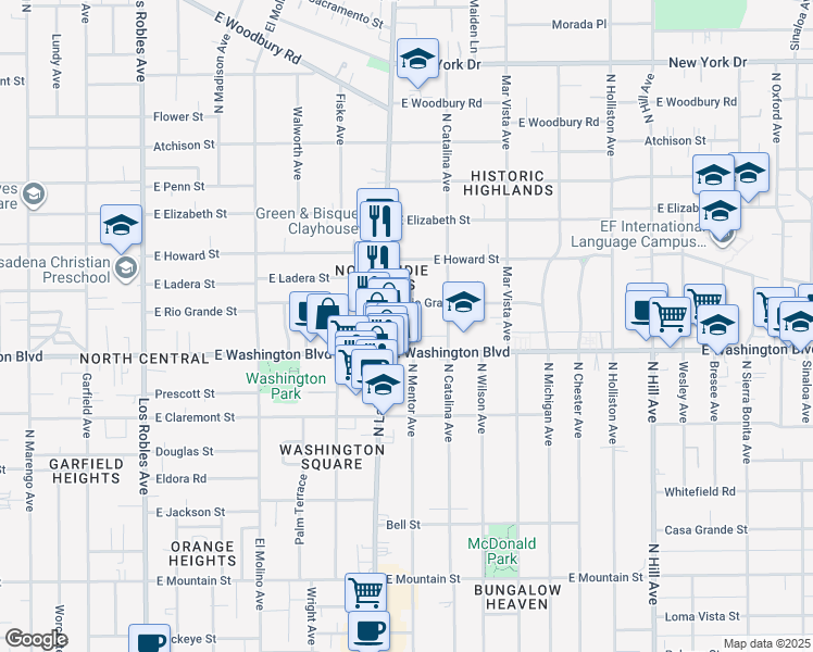 map of restaurants, bars, coffee shops, grocery stores, and more near 1393 North Mentor Avenue in Pasadena