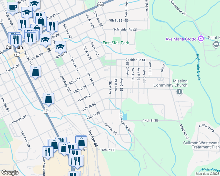 map of restaurants, bars, coffee shops, grocery stores, and more near Avenue A Southeast in Cullman