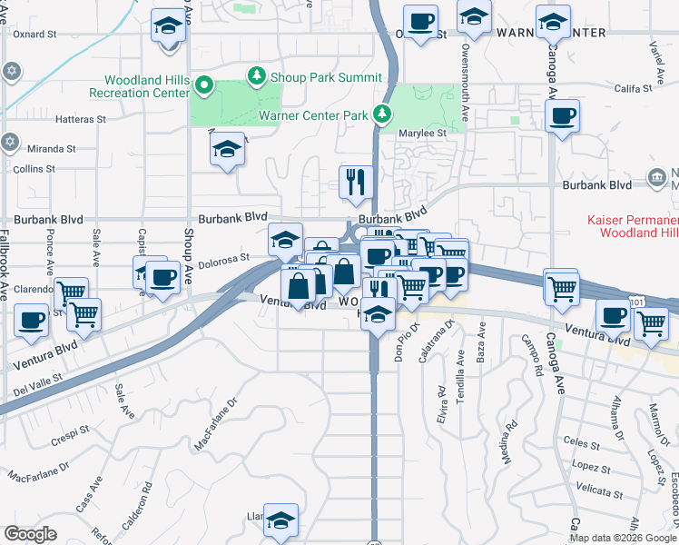 map of restaurants, bars, coffee shops, grocery stores, and more near 22131 Clarendon Street in Los Angeles