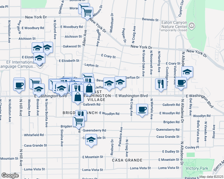 map of restaurants, bars, coffee shops, grocery stores, and more near 2040 Jefferson Drive in Pasadena