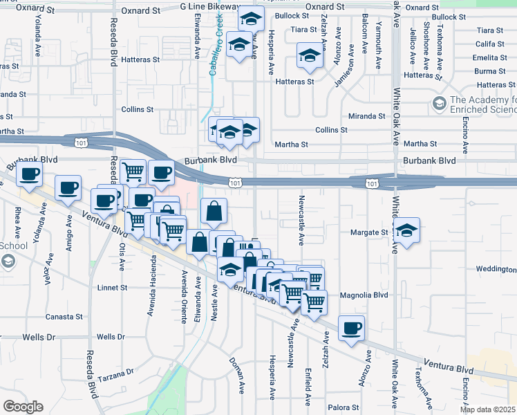 map of restaurants, bars, coffee shops, grocery stores, and more near 5442 Lindley Avenue in Los Angeles