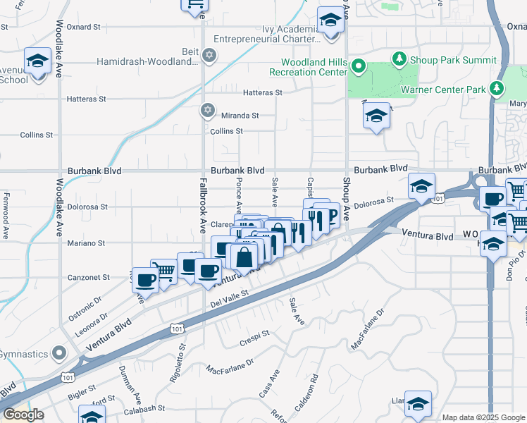 map of restaurants, bars, coffee shops, grocery stores, and more near 22616 Dolorosa Street in Los Angeles