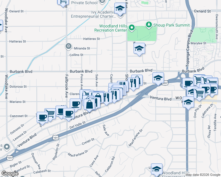 map of restaurants, bars, coffee shops, grocery stores, and more near 22502 Dolorosa Street in Los Angeles