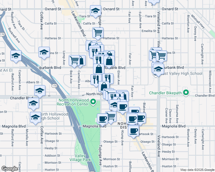 map of restaurants, bars, coffee shops, grocery stores, and more near 5440 N Tujunga Avenue in Los Angeles