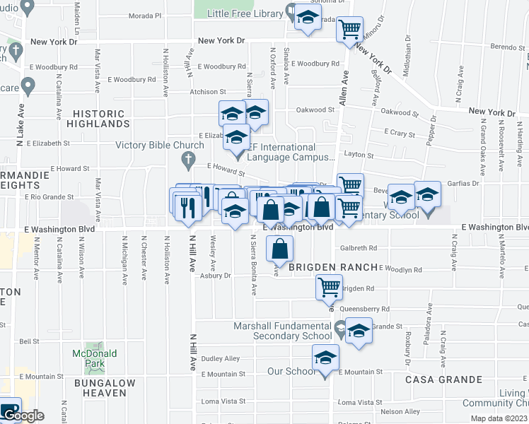 map of restaurants, bars, coffee shops, grocery stores, and more near 1382 North Sierra Bonita Avenue in Pasadena
