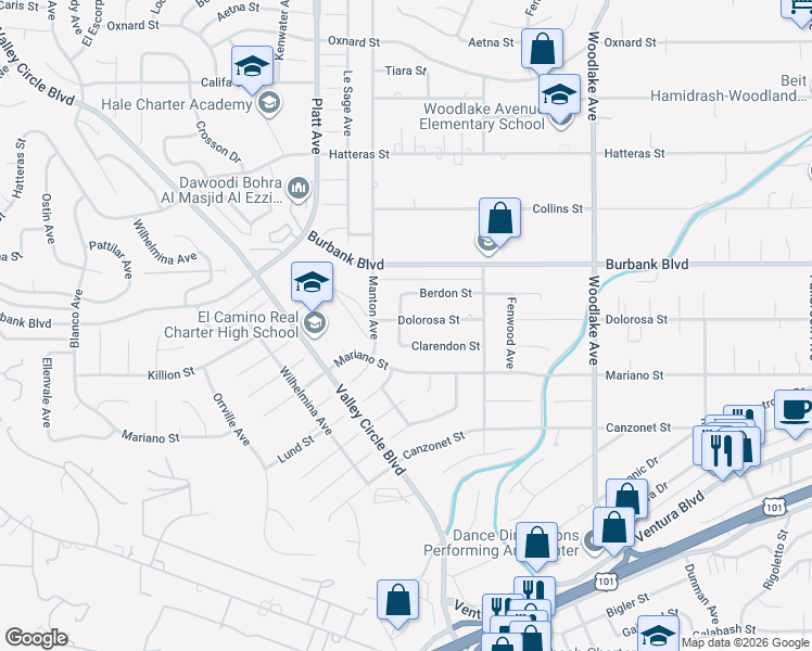 map of restaurants, bars, coffee shops, grocery stores, and more near 23526 Dolorosa Street in Los Angeles