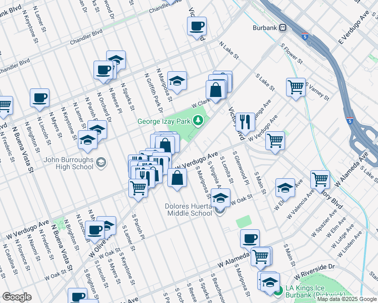 map of restaurants, bars, coffee shops, grocery stores, and more near 1316 West Olive Avenue in Burbank