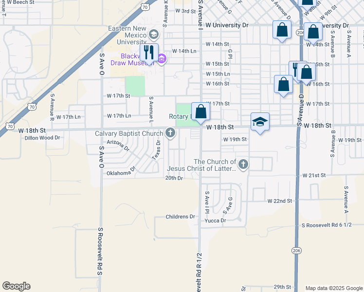 map of restaurants, bars, coffee shops, grocery stores, and more near 205 Utah Drive in Portales