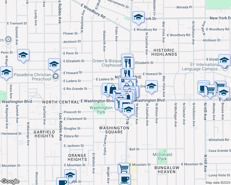 map of restaurants, bars, coffee shops, grocery stores, and more near 815 East Washington Boulevard in Pasadena