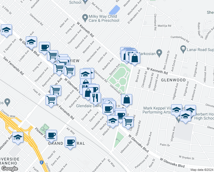 map of restaurants, bars, coffee shops, grocery stores, and more near 1410 Glenwood Road in Glendale