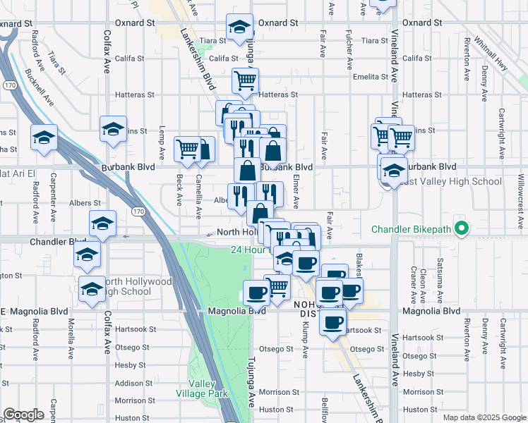 map of restaurants, bars, coffee shops, grocery stores, and more near 5445 Lankershim Boulevard in Los Angeles
