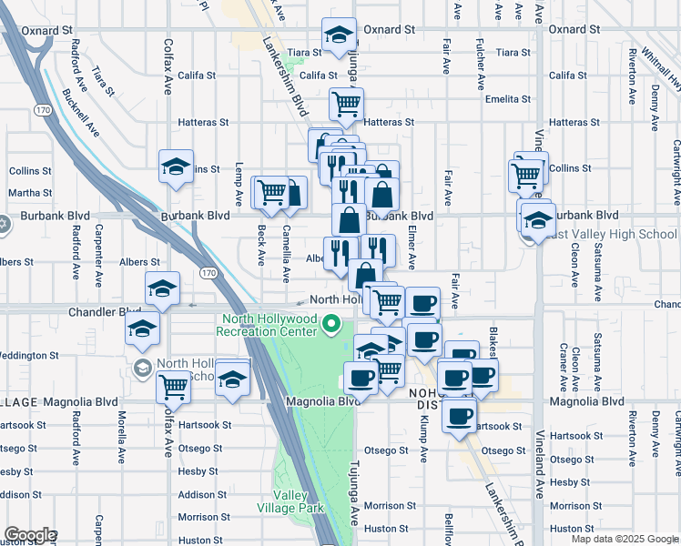 map of restaurants, bars, coffee shops, grocery stores, and more near 11425 Cumpston Street in Los Angeles