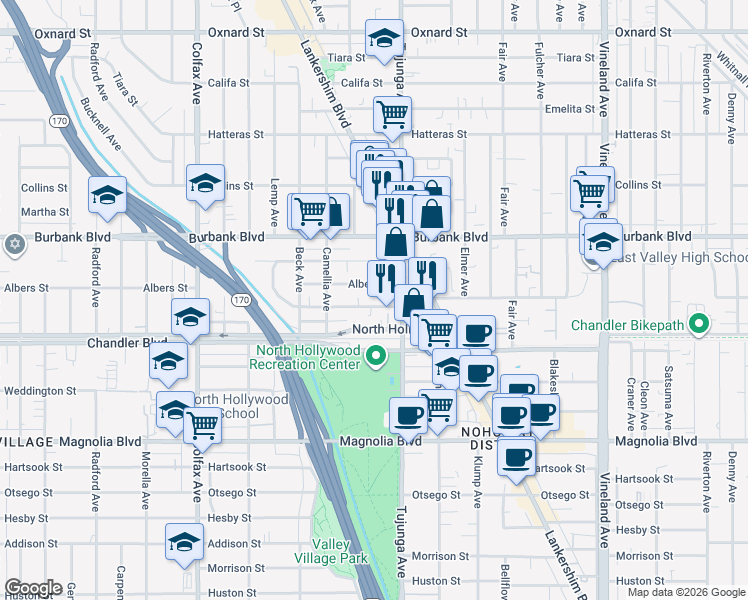 map of restaurants, bars, coffee shops, grocery stores, and more near 11425 Cumpston Street in Los Angeles