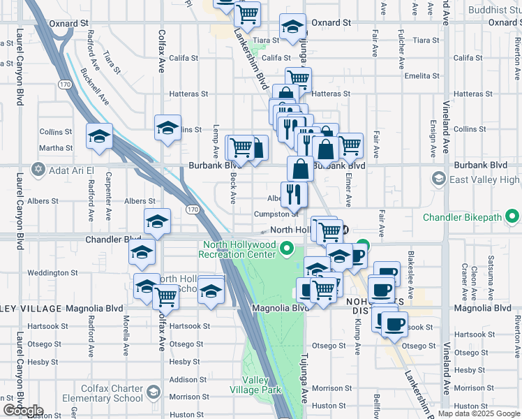 map of restaurants, bars, coffee shops, grocery stores, and more near 11475 Cumpston Street in Los Angeles