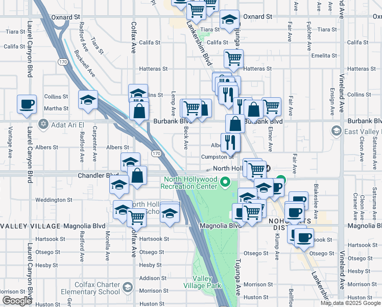 map of restaurants, bars, coffee shops, grocery stores, and more near 11521 Cumpston Street in Los Angeles