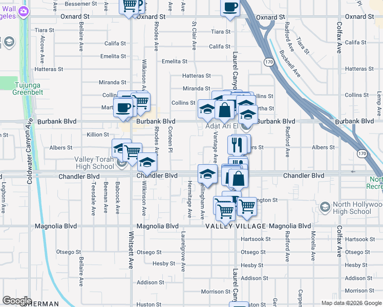 map of restaurants, bars, coffee shops, grocery stores, and more near 5449 Bellingham Avenue in Los Angeles