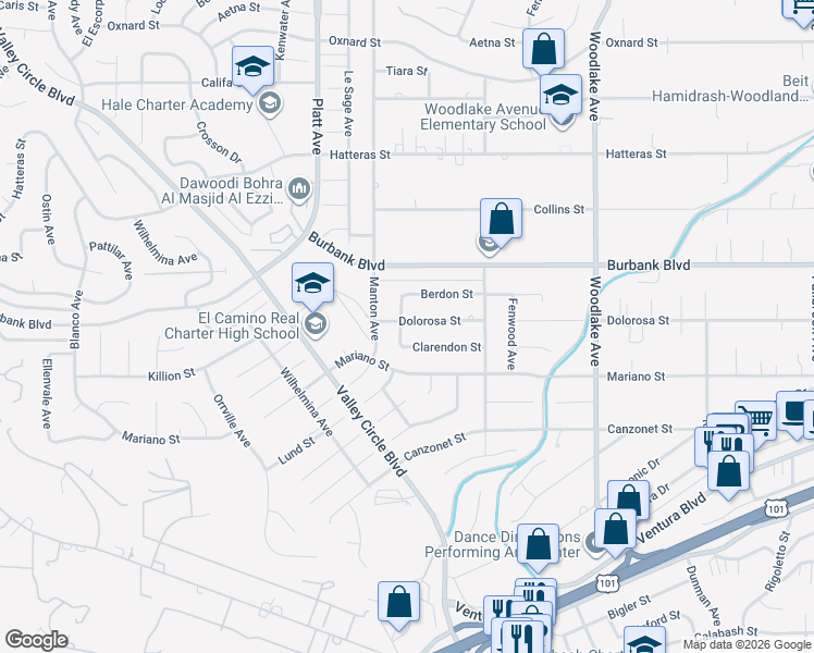 map of restaurants, bars, coffee shops, grocery stores, and more near 23526 Dolorosa Street in Los Angeles