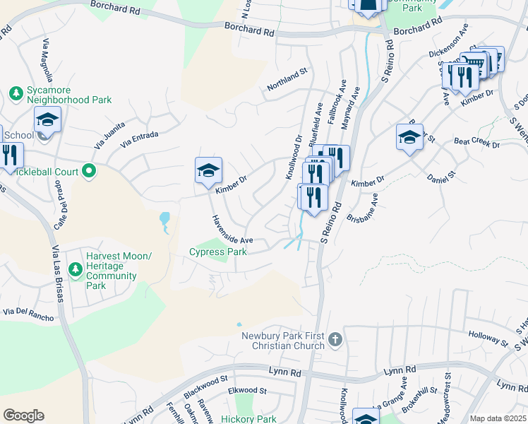 map of restaurants, bars, coffee shops, grocery stores, and more near 3889 Angeline Street in Thousand Oaks