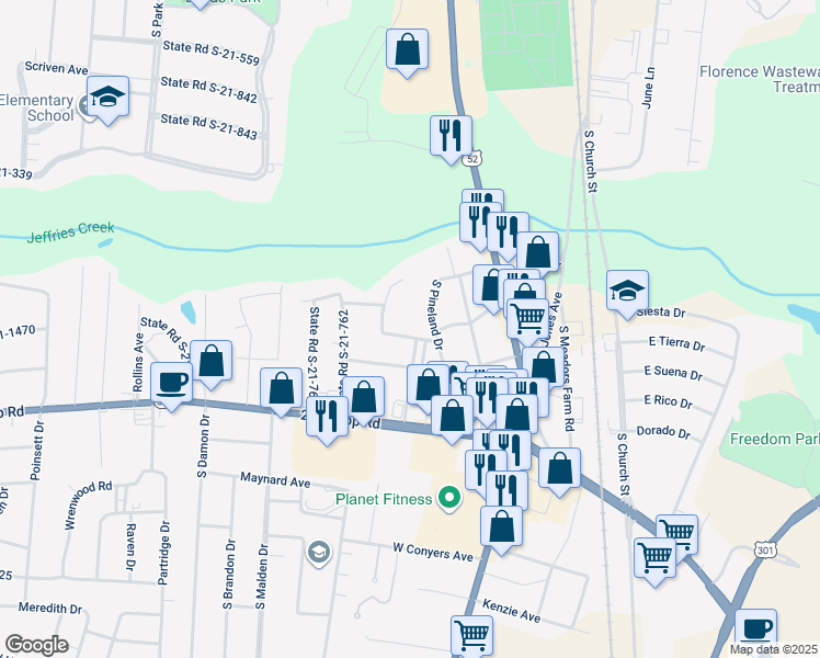 map of restaurants, bars, coffee shops, grocery stores, and more near 409 Jefferies Lane in Florence