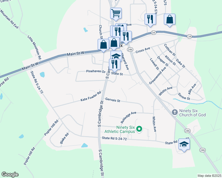 map of restaurants, bars, coffee shops, grocery stores, and more near 401 South Cambridge Street in Ninety Six