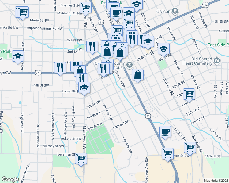 map of restaurants, bars, coffee shops, grocery stores, and more near 407 7th Street Southwest in Cullman