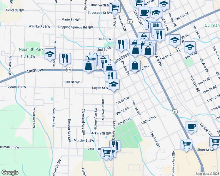 map of restaurants, bars, coffee shops, grocery stores, and more near 1007 Logan Street Southwest in Cullman