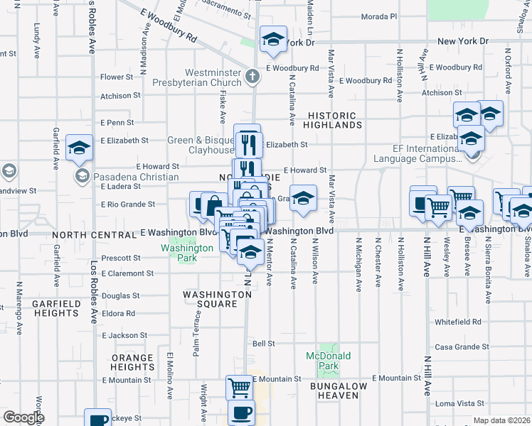 map of restaurants, bars, coffee shops, grocery stores, and more near 1393 North Mentor Avenue in Pasadena