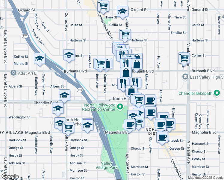 map of restaurants, bars, coffee shops, grocery stores, and more near 11465 Cumpston Street in Los Angeles