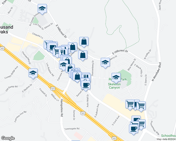 map of restaurants, bars, coffee shops, grocery stores, and more near 95 Duesenberg Drive in Westlake Village