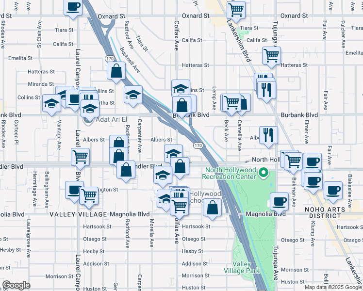 map of restaurants, bars, coffee shops, grocery stores, and more near 5444 Colfax Avenue in Los Angeles