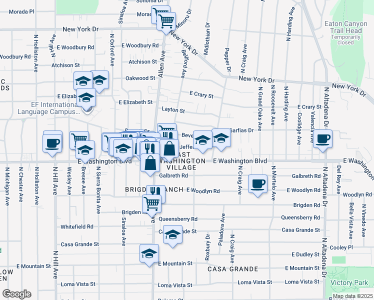 map of restaurants, bars, coffee shops, grocery stores, and more near 1958 Jefferson Drive in Pasadena
