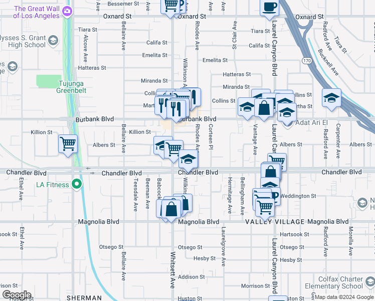 map of restaurants, bars, coffee shops, grocery stores, and more near 12424 Albers Street in Los Angeles