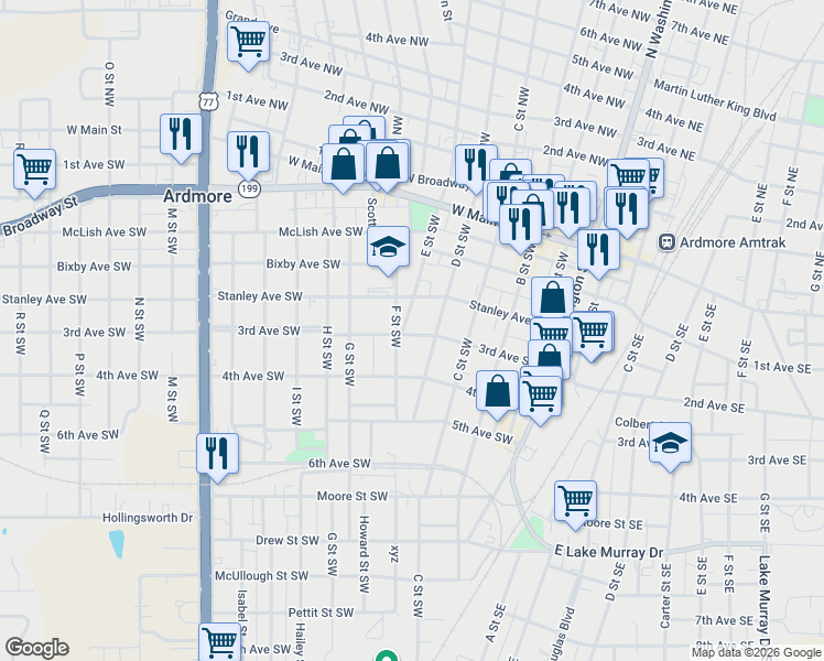 map of restaurants, bars, coffee shops, grocery stores, and more near 228 E St SW in Ardmore