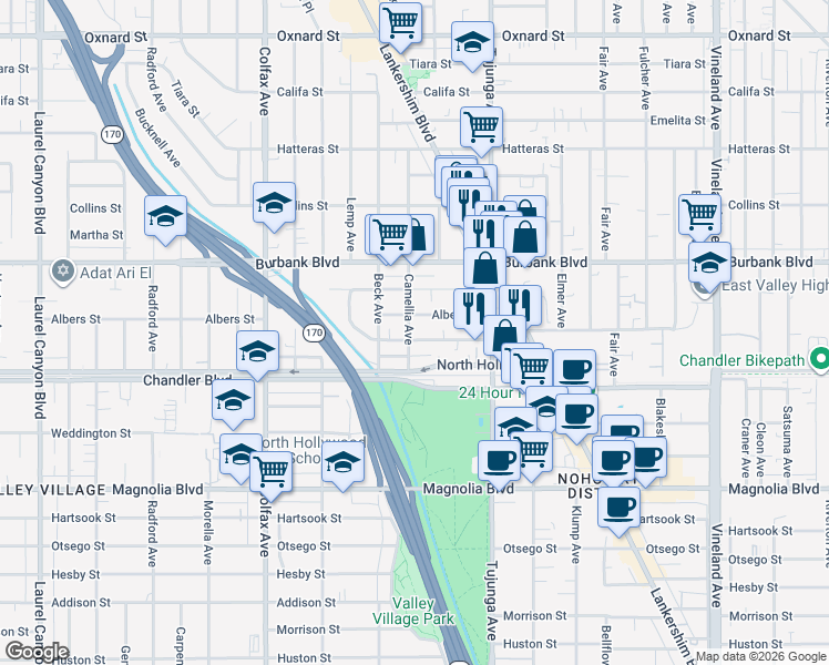 map of restaurants, bars, coffee shops, grocery stores, and more near 5444 Camellia Avenue in Los Angeles