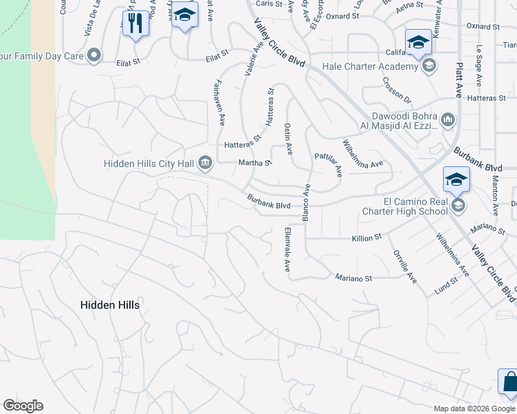 map of restaurants, bars, coffee shops, grocery stores, and more near 24326 Burbank Boulevard in Los Angeles