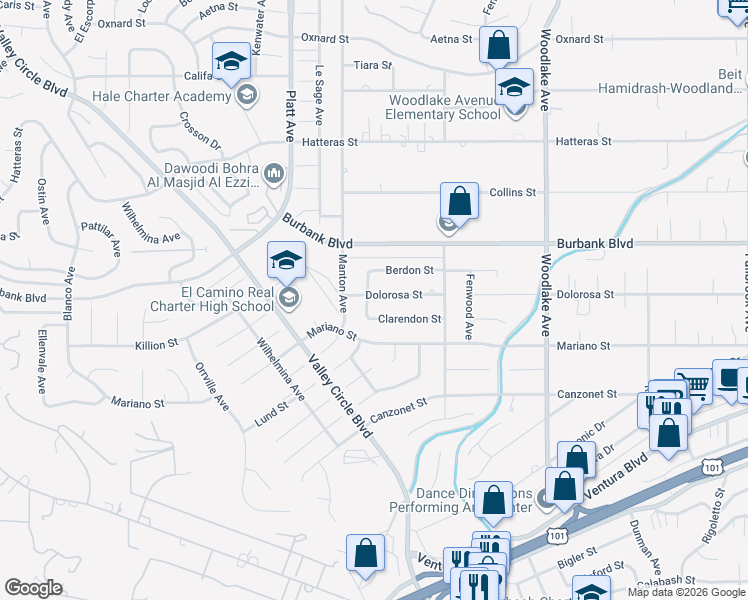 map of restaurants, bars, coffee shops, grocery stores, and more near 23526 Dolorosa Street in Los Angeles