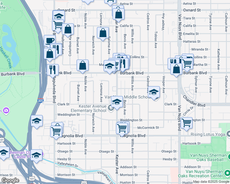 map of restaurants, bars, coffee shops, grocery stores, and more near 5453 Kester Avenue in Los Angeles