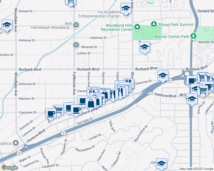 map of restaurants, bars, coffee shops, grocery stores, and more near 22548 Dolorosa Street in Los Angeles