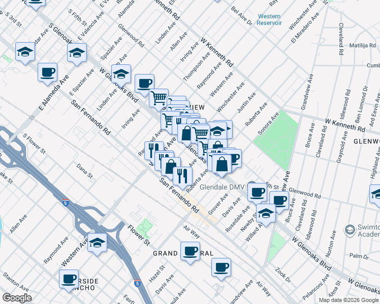 map of restaurants, bars, coffee shops, grocery stores, and more near 1612 West Glenoaks Boulevard in Glendale