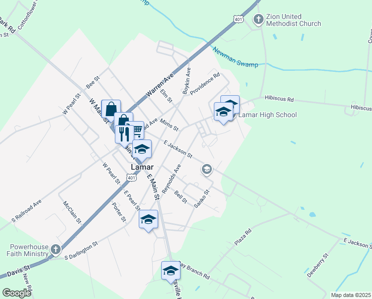 map of restaurants, bars, coffee shops, grocery stores, and more near 114 North Darlington Avenue in Lamar