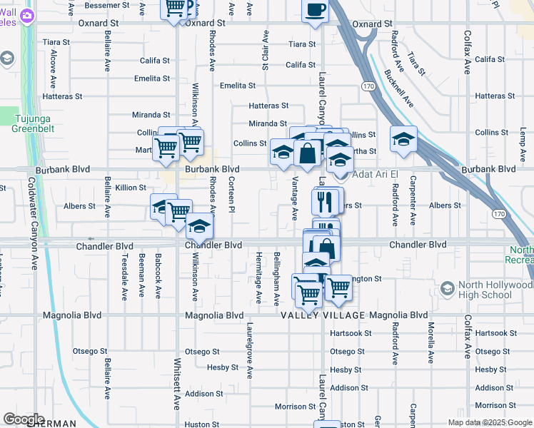 map of restaurants, bars, coffee shops, grocery stores, and more near Hermitage Avenue in Los Angeles